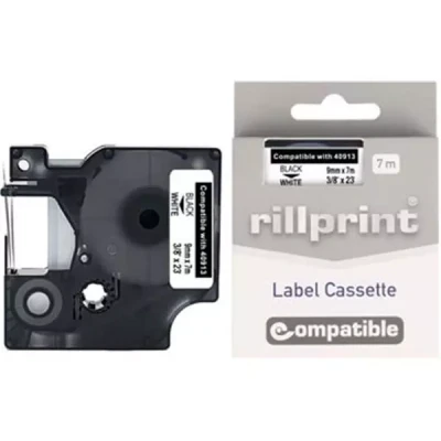 Afbeelding van Rillprint compatible D1 tape voor Dymo 40913, 9 mm, zwart op wit