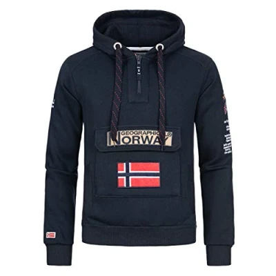 Afbeelding van Geographical Norway Gymclass Men sweatshirt voor heren, met capuchon en kangoeroezak, warm lange mouwen, lente, zomer, herfst winter, Navy Blauw