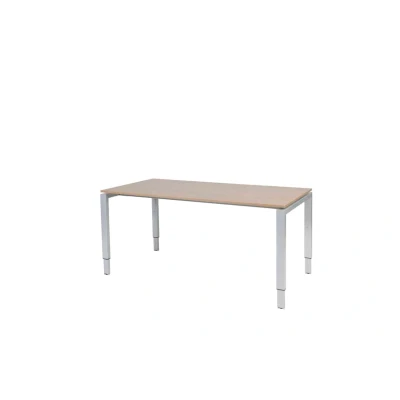 Afbeelding van Domino bureau, hoogte instelbaar (62 85cm) met 160x90cm &#039;zwevend&#039; havana/ kersen licht 25mm blad en aluminium (RAL9006) N poot frame.