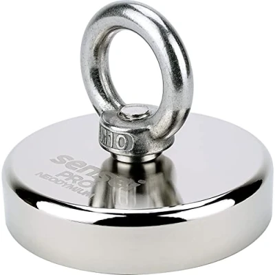 Afbeelding van SENSEI 300 kg magneet neodymium N52 met bovenste oogje, Ø 8 x H 1,8 cm, zeer sterke voor thuis, werkplaats, watervissen