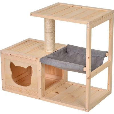 Afbeelding van PawHut Kattenhuis kattenbox kattenboom met hangmat sisal paal vurenhout naturel D30 263
