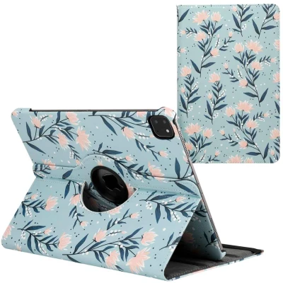 Afbeelding van iMoshion Tablet Hoes Geschikt voor iPad Pro 12.9 (2020) 360 Draaibare Design Bookcase 2.0 Lichtblauw /Flowers