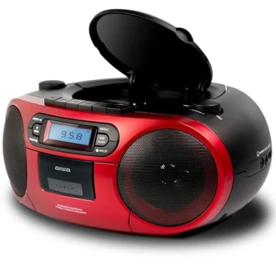 Afbeelding van Aiwa BBTC 550RD draagbare cassette radio met cd, bluetooth en USB, cassetterecorder, kleur: rood.