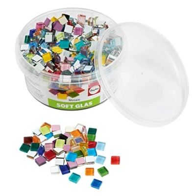 Image de Rayher 14794999 Assortiment de pierres mosaïque, multicolore, verre souple, transparent, brillant,carrées 1x1cm, 1 pot d’env. 525 pces (500g),résistantes au gel,intérieur,extérieur,loisir,artisanat
