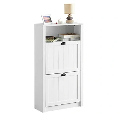 Afbeelding van SoBuy FSR87 K W Schoenenkast smal met 2 kleppen en 4 legplanken wit ca. 60 x 110 24 cm