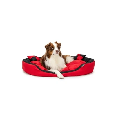 Afbeelding van lionto 4 in 1 hondenbed, wasbare bank met omkeerbaar kussen, rood/zwart, (L) 110 x 80 cm