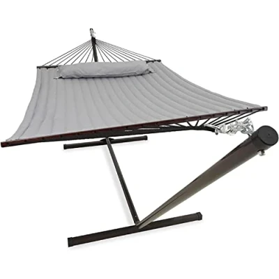 Afbeelding van Vita5 Hangmat met Standaard 2 Persoons Tuin Spreidstok en Frame Grijs UV bestendig Draaggewicht Tot 200 kg