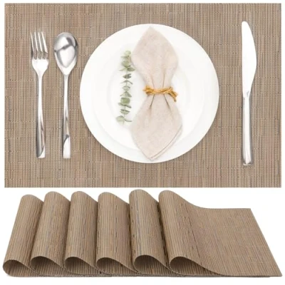 Afbeelding van JUN placemats, afwasbaar, set van 6, geweven antislip, slijtvast, hittebestendig, vinyl voor keuken, eetkamer, hotel, placemat, 30 x 45 cm (bruin)
