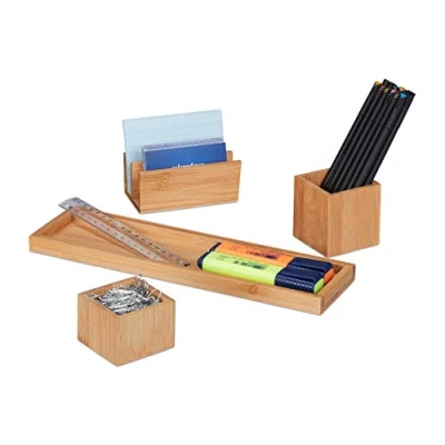 Afbeelding van relaxdays bureau organizer pennenbak bamboe memohouder set accessoires