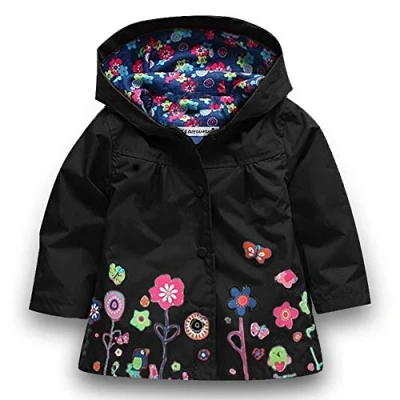 Afbeelding van Baotung Regenjas voor meisjes met capuchon en bloemenpatroon, zwart.