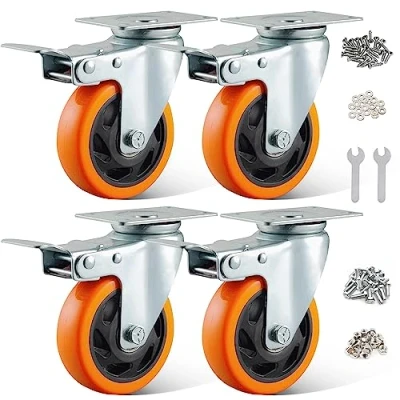 Afbeelding van BAOLIHUI 4 stuks zwenkwielen voor meubels, 100 mm, met rem, 600 kg, zware lasten, meubelwielen, werkbank, gereedschapswagen, pallets, oranje