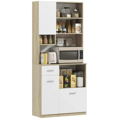 Afbeelding van HOMCOM Keukenkast, dressoir, keuken, servies, opbergkast, moderne stijl, met verstelbare planken, lade, aanrecht, kabeldoorvoer, voor eetkamer, woonkamer, 80 x 35 180 cm, houtlook