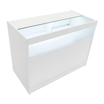 Afbeelding van Comptoir de Vente en MDF Blanc LED Blancs Intégrés B1200 3 Étagères Portes Coulissantes Verouillables Rangement Commerciale Vitrine Verre Acceuil Réception Bureau Vêtements Bijoux [2 Clés INCLUS]