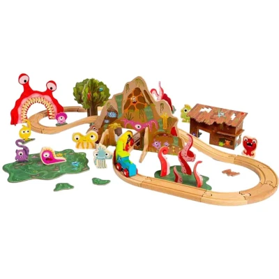 Afbeelding van Bigjigs Rail Monster Train Set 50 pièces Kit de chemin fer en bois pour enfants, trains enfants et accessoires, kits jeu tout petits, cadeaux âge 3 ans