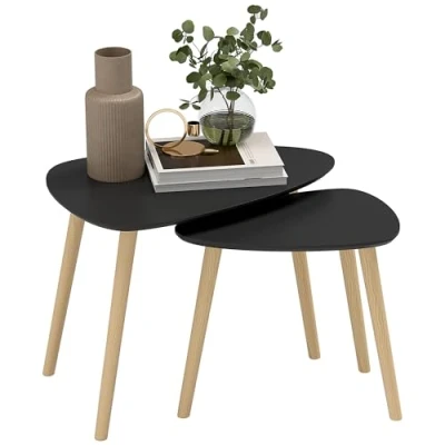Afbeelding van HOMCOM Set van 2 uittrekbare salontafels, Scandinavisch design, poten hout en tafelblad hout, zwart