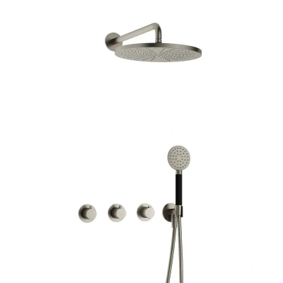 Afbeelding van Hotbath Cobber Regendoucheset IBS70 Geborsteld Nikkel Ronde handdouche 30cm Hoofddouche Wandarm Handouche met wandhouder