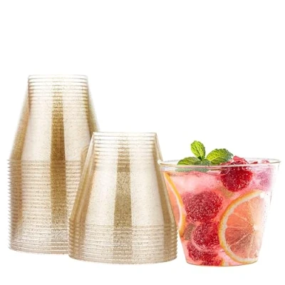 Afbeelding van MATANA 30 herbruikbare bekers van hard plastic met gouden glitter (255 ml/9 oz) robuuste en wasbare glazen voor dranken, desserts, verjaardagen, bruiloften, Kerstmis, feestjes