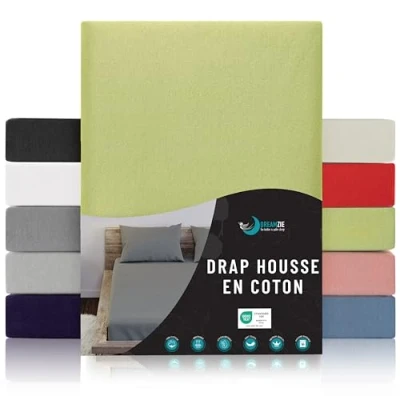 Image de Dreamzie Drap Housse 200x200 Vert 100% Jersey Coton Certifié Oeko Tex avec Bonnet 27 cm