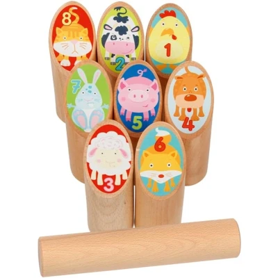 Afbeelding van Goki Houten Viking Spel Dieren Kubb in Katoenen Zak