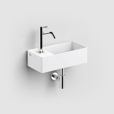 Afbeelding van Clou New Flush 3 fontein links, Mat wit met voorbewerkt kraangat en afvoerset 35x18x10 (bxdxh)