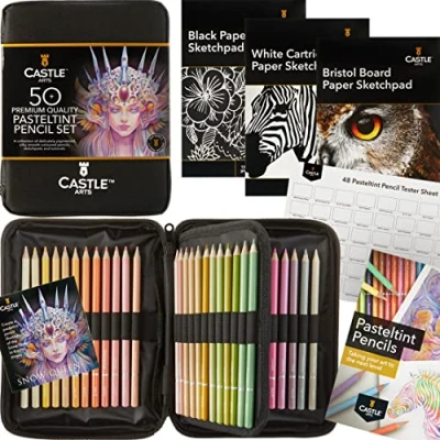 Afbeelding van Castle Art Supplies Set van 48 pastelkleurpotloden met bonusmunten, weelderige zachtere tinten, voor professionals en kunstenaars, nette robuuste draagtas ritssluiting