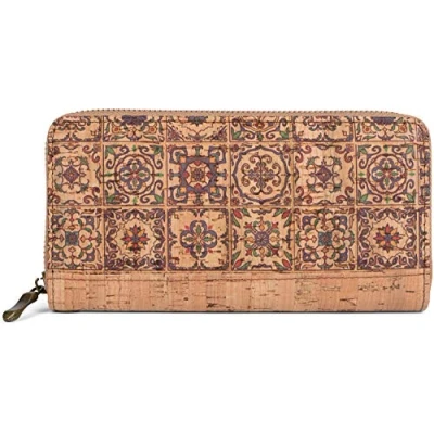 Afbeelding van styleBREAKER Damesportemonnee van kurk met kleurrijke motieven in etnische look, ritssluiting, portemonnee 02040138, Beige blauw groen, Muntenzakje