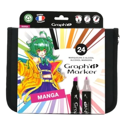 Afbeelding van GRAPH&#039;IT Marker set van 24 alcoholmarkers met dubbele punt voor manga tekenen en illustraties, fijne afgeschuinde punt,