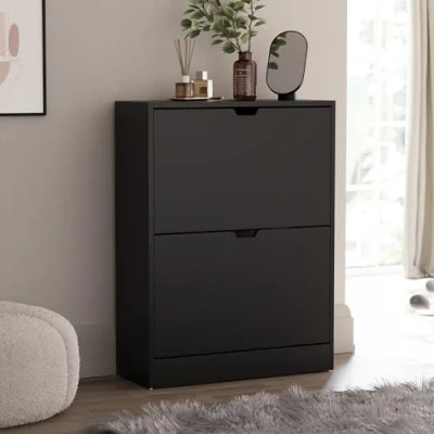 Afbeelding van Vida Designs Schoenenkast met 2 lades, ruimtebesparende opbergkast inklapbare lades voor schoenen, kast gang en woonkamer, FSC 100% gecertificeerd, zwart