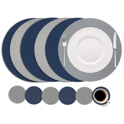 Afbeelding van Cookinglife 6 Placemats + Onderzetters Rond Vegan leer Blauw / Grijs 12 stuks