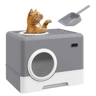 Afbeelding van PawHut bac à litière pour chat avec couvercle, pelle, 2 sorties, jusqu&#039;à 4 kg, plastique, gris, 52 x 41 38,5 cm