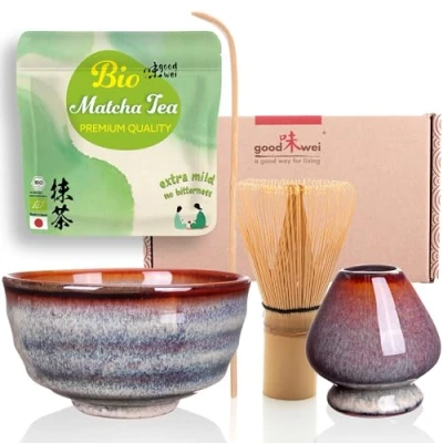 Image de Goodwei Matcha Kit Thé BIO Japonais avec fouet Bambou, Bol de Cérémonie en Céramique et support à Coffret cadeau (Uji)