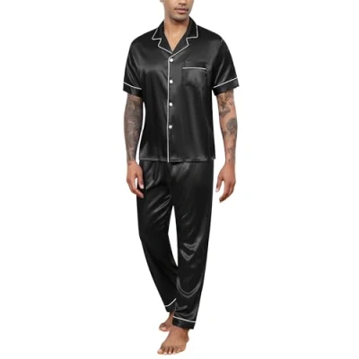 Afbeelding van Reliwel Satijnen pyjama voor heren, korte top met knoopsluiting en lange broek, tweedelig, nachtkleding nachtkleding, zwart.