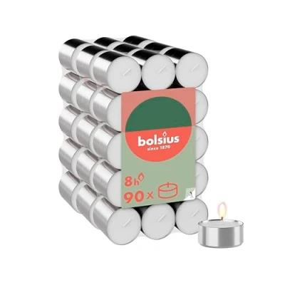 Afbeelding van Bolsius Set van 90 theelichtjes 8 uur brandduur Wit Brandlengte Decoratieve huishoudkaarsen Zonder palmolie Schone verbranding