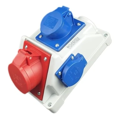 Afbeelding van RoadEu Combi wandcontactdoos, verdeler 16 A CEE 5P, stopcontact 16A 3P + E opbouwverdeelkast voor binnen en buiten Bouwstroomadapter PCE stekker