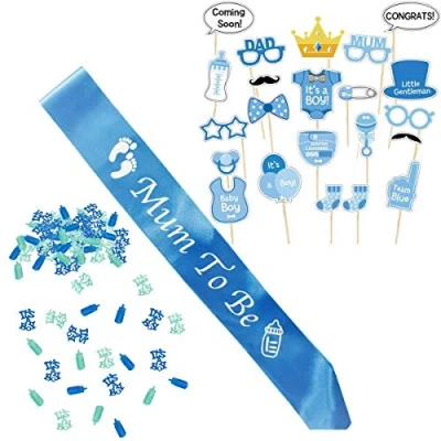 Afbeelding van Babyjongen babyshower decoratie en blauwe voor aanstaande moeder. Mum to Be sjaal blauw, babyfoto rekwisieten fotocabine set jongens, confetti