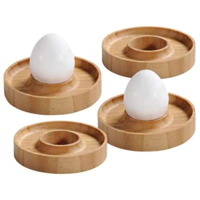 Afbeelding van FSC® Bamboe houten Eierdopjes Set van 4 Stuks Met praktische rand voor neerleggen de eierschaal Eierdoppen Delig