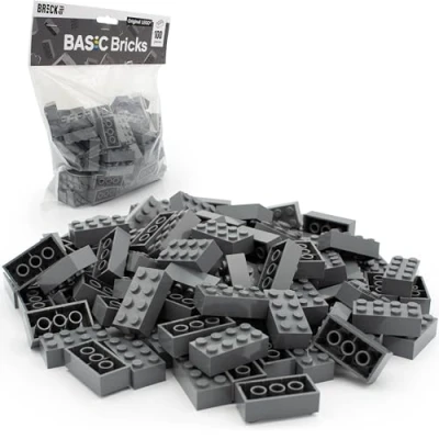 Afbeelding van Set van 100 Lego Classic bouwstenen, donkergrijs (grijs), 2 x 4 starterset of uitbreiding voor stenen en plaat Basic Bricks (3001)