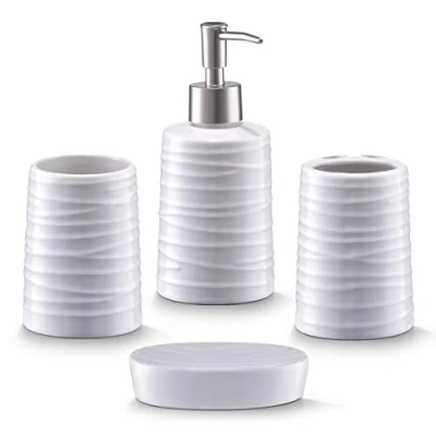Afbeelding van Zeller Badkamer/toilet accessoires set 4 delig keramiek wit wave relief