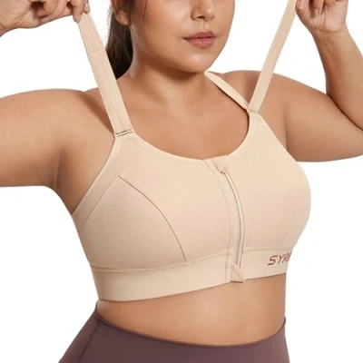 Afbeelding van SYROKAN Sportbeha voor dames, hoge impact, opening vooraan, verstelbare bandjes, draadloos, Beige