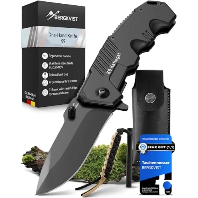 Afbeelding van BERGKVIST K9 klapmes (mes met één hand) scherp zakmes voor outdoor en survival zwart roestvrijstalen mes, slijpsteen riemtas