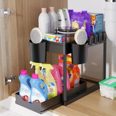 Image de KOOSREEL rangement sous Evier 2 Niveaux, Coulissant Organiseur Évier Etagere Tiroir,Panier de multifonction pour salle bain, étagère placard, lave vaisselle Noir