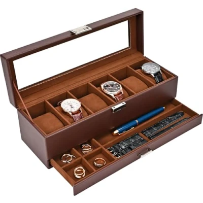 Afbeelding van ProCase horloge Box Organizer voor mannen, 6 slots vitrine met lade, heren horlogedoos horlogekast houder, dubbellaagse sieraden en opbergdoos glazen deksel