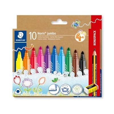 Afbeelding van STAEDTLER Noris Jumbo 328 B C10P kleurstift, driehoekig, ergonomisch dik lichaam, sterreliëf, kartonnen etui met 10 viltstiften
