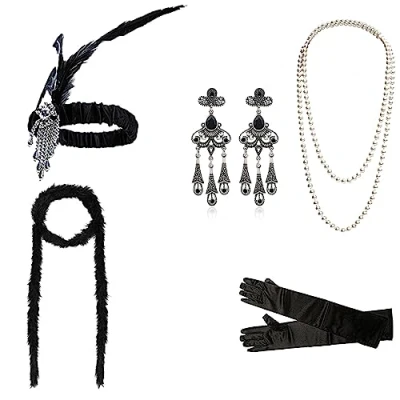 Afbeelding van DRESHOW Vintage jaren 20 The Great Gatsby kostuum accessoires set hoofdband oorbellen halsketting handschoenen