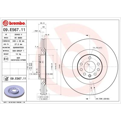 Afbeelding van BREMBO 09.E567.11 Remschijf 345 30 7 interne ventilatie Gecoat OPEL: Vectra C Saloon, Caravan, CC, SAAB: 9 3 Convertible