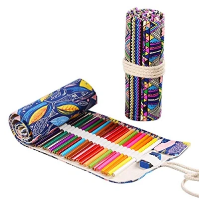 Afbeelding van JZK 2 stuks etui met 72 gaten, canvas etui, oprolbaar kleurpotlood, opbergtas, potloodhouder voor jongens, meisjes, kinderen, jongeren, volwassenen, studenten, schilder, Blauw, 3 stuks,