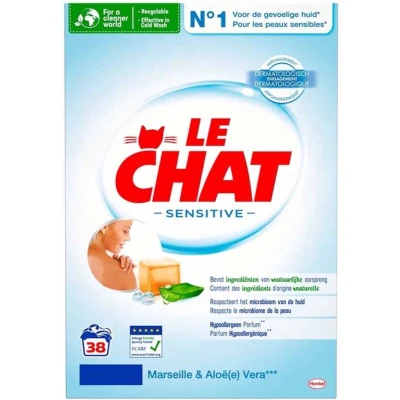 Afbeelding van Le Chat Sensitive Waspoeder Marseille &amp; Aloe Vera Hypoallergeen 38 Wasbeurten