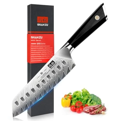 Afbeelding van SHAN ZU Koksmes, Santoku mes keukenmes 18 cm Damascus AUS 10 roestvrij staal scherp ergonomisch G10 handvat prachtige geschenkverpakking