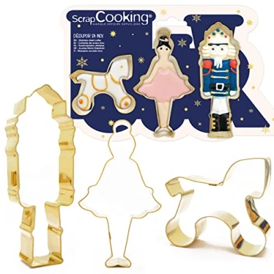 Afbeelding van ScrapCooking 3 uitsteekvormpjes notenkraker Koekjessnijder van verguld roestvrij staal Notenkraker, danseres en paard bakvormen voor kleine cakes accessoires gebak Kerstmis verjaardag