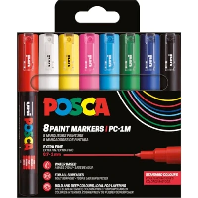 Afbeelding van Uni POSCA paintmarker PC 1MC, 0,7 1 mm, etui van 8 stuks in geassorteerde basiskleuren